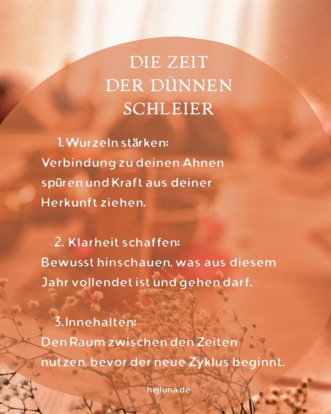 Infografik zur Schwellenzeit bei Samhain. Text: Die Zeit der dünnen Schleier – Wurzeln stärken, Klarheit schaffen, Innehalten.