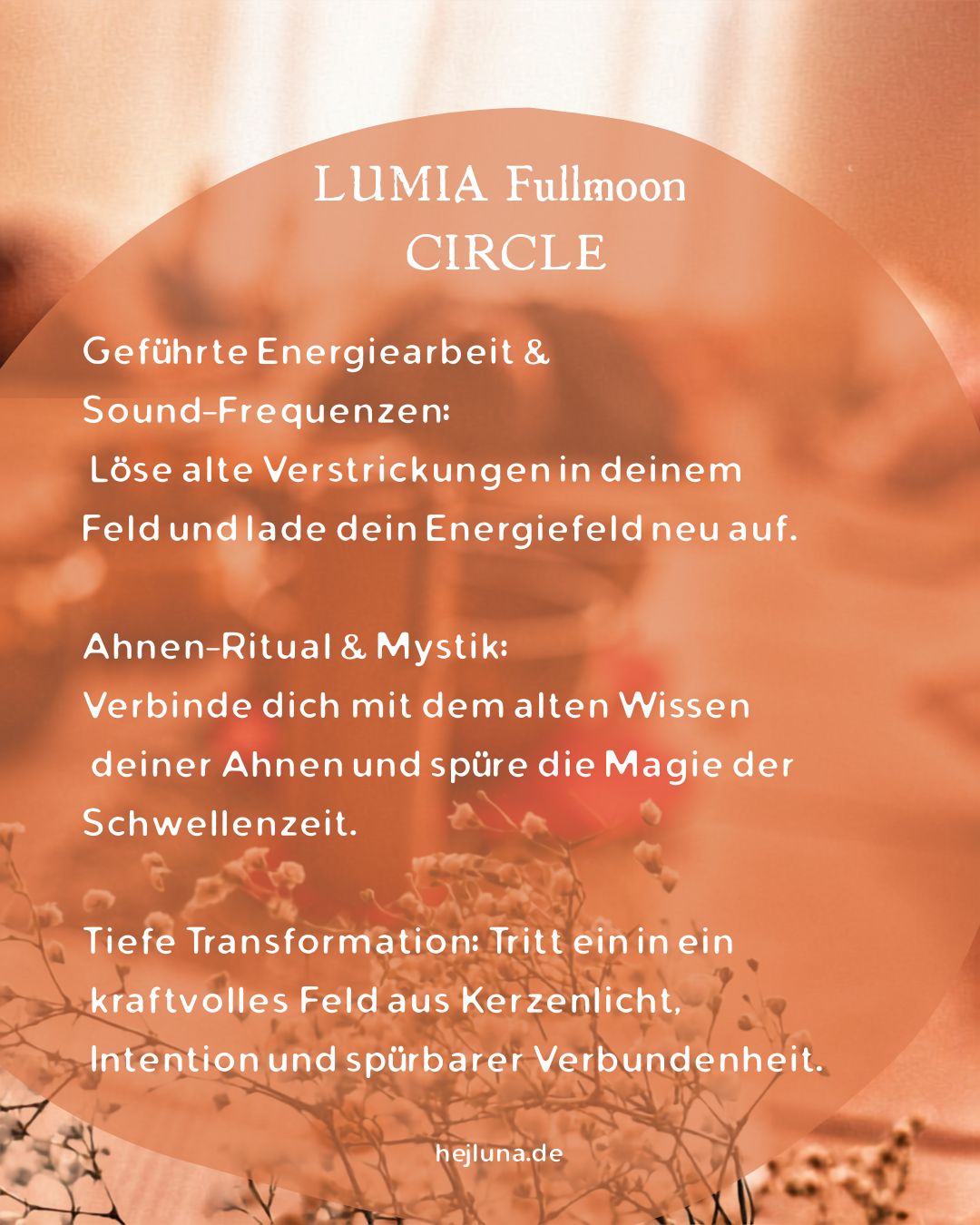 Übersicht der Praxis im Circle. Text: Geführte Energiearbeit, Sound-Frequenzen, Ahnen-Ritual und Transformation im Studio am 28.10. um 19 Uhr.
